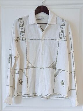 Bershka White Button Front Shirt with Light Green Stitching